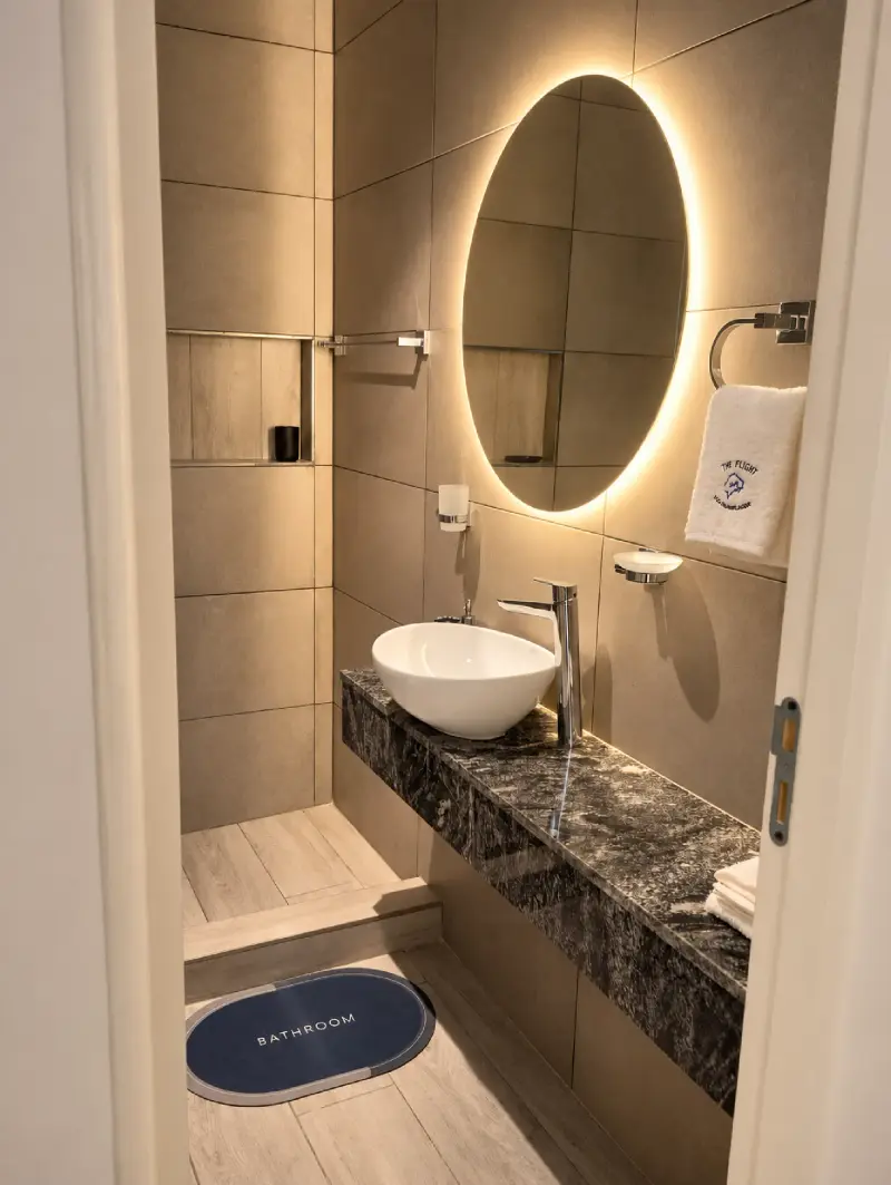 Baño con revestimiento en tonos arena, espejo redondo con luz cálida, bacha de apoyo sobre mesada de granito oscuro y ducha a nivel.