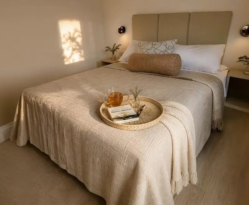 Cama con acolchado de tejido claro, almohadón cilíndrico y una bandeja con té y un libro.