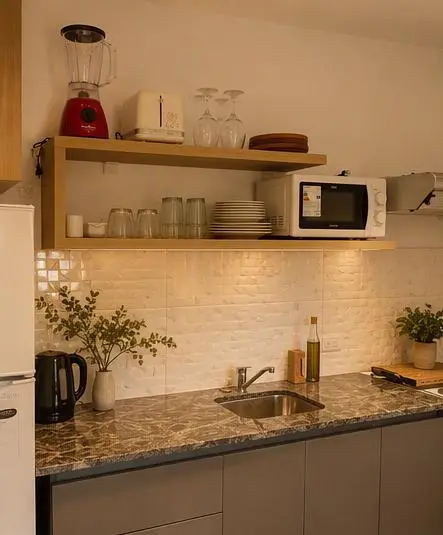 Cocina con mesada de granito, bacha, estantes de madera con vajilla, microondas y heladera.
