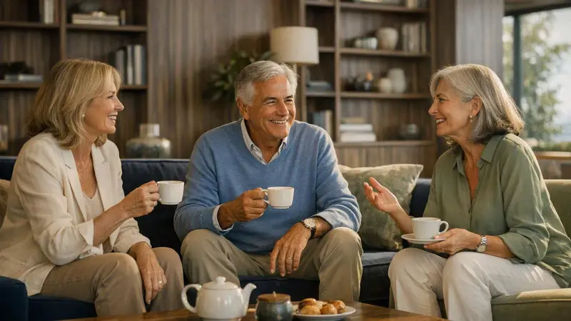 Tres personas mayores conversan y se ríen tomando té en los sillones de El Club, con una biblioteca de madera al fondo.
